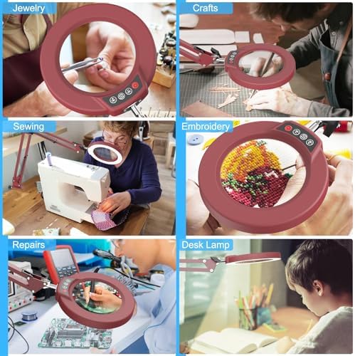 10X Magnifying Glass with Light and Clamp, Real Glass Stand Lighted Magnifier, 5 Color Modes Stepless Dimmable LED Desk Lamp Hands Free for Crafts Hobby Reading Painting Sewing Close Work - Red