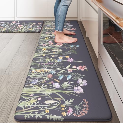 KIMODE Anti Fatigue Kitchen Mat for Floor, Floral Kitchen Rugs Sets of 2