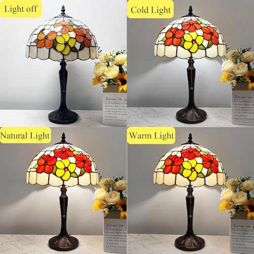 Tiffany Style Table Lamp Antique Stained Glass Lamp Red Flower Style Desk Bedside Light for Home Bedroom Living Room Office with LED Bulb