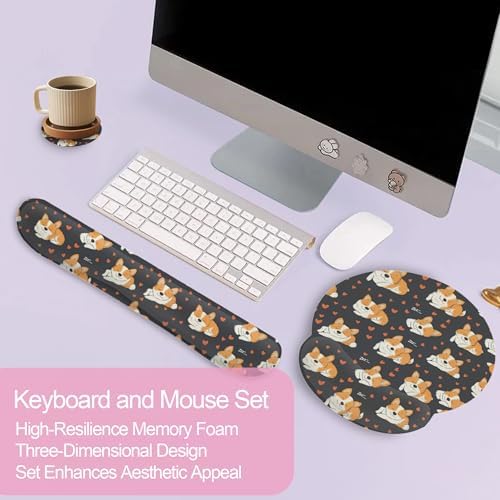 Cute Funny Corgi Dog Keyboard Wrist Rest Pad and Mouse Pad Wrist Support Set,3-in-1 Ergonomic Mouse Pad with Non-Slip Rubber Base for Home Office Game Computers Desk,