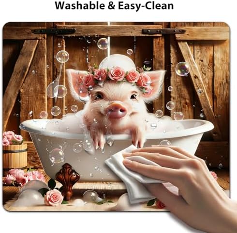 9.5x7.9 Inch Office/Gaming Mouse Pad, Lovely Whimsical Piglet in Bathtub Adorable Floral Pig Sweet Farmhouse Bath Time, Cute Anti-Slip Mat for Desk Decor