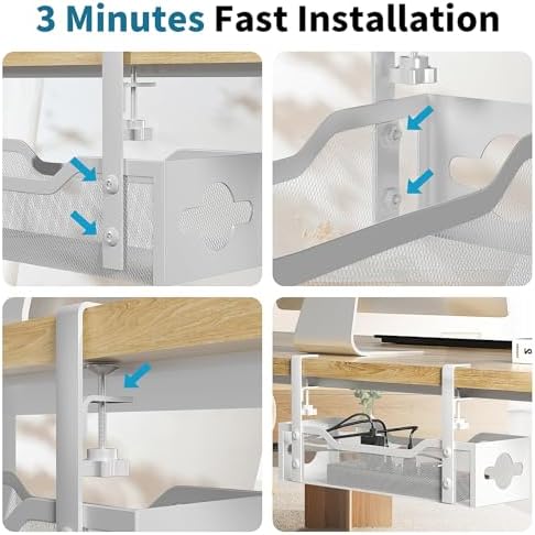 Under Desk Cable Management Tray 3 Pack, Cable Management Under Desk No Drill, Cable Organizer with Clamp for Wire Management, Cord Organizer for Office, Home - No Damage to Table (White)