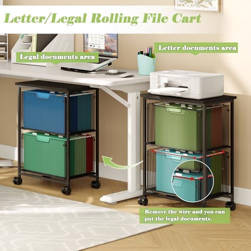 Sbanmao Letter/Legal Rolling File Cart with 2 Storage Drawers, Under Desk Storage, Vertical Filing Cabinet for Home Office, Hanging File Folders Organizer, Mobile Utility Cart Printer Stand, Black