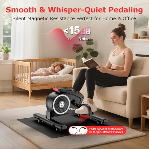 pooboo Under Desk Bike Pedal Exerciser, Quiet Magnetic Mini Exercise Bike with 16 Resistance Levels, Arm & Leg Workout, Resistance Bands & Non-Slip Mat for Home Office Therapy (Black-Silver)