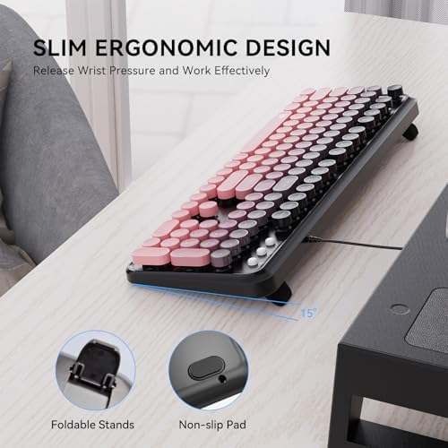 FOPETT 8870P Wired Keyboard and Mouse Combo - Full-Sized Computer Keyboards with 104 Round Keys Retro Typewriter Mouse and Keyboard for PC Windows Desktop Laptop - Pink Colorful