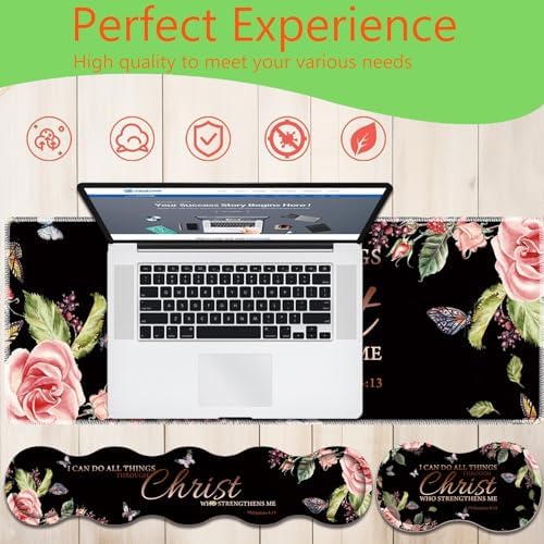 4 in 1 Mouse Pad Combo, Large Gaming Mouse Pad + Keyboard Wrist Support + Mouse Wrist Rest + Coaster, Table Pad with Stitched Edge Ergonomic Wrist Pad Set, Philippians 4-13 Flowers