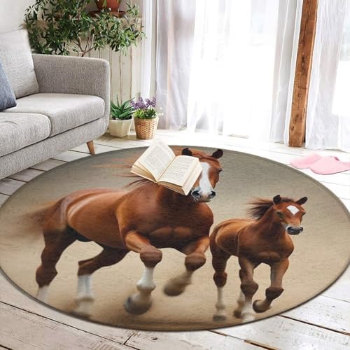 Large Machine Washable Circular Rugs, Home Decor Round Mat for Living Room Sofa Office Running Brown Horse