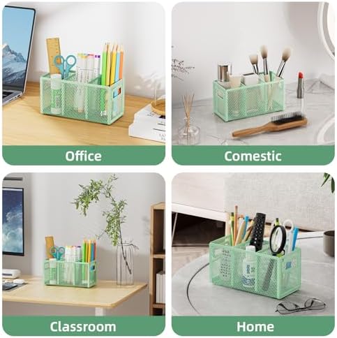 Marbrasse Mesh Pen Holder for Desk, Pencil Holder Desk Organizer 3 Adjustable Compartments, Pencil Cup with Handle Perfect for Classroom, Office, Home, Makeup, Art (Green)