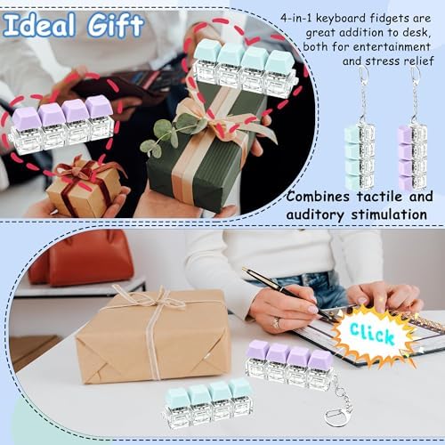 2 PCS Keyboard Fidget Toy, Keyboard Fidget Keychain 4-in-1 Keyboard Decompression Button Finger Clicker Toys, Button Stress Relief Fidget Gifts to Relief Stress (Purple Blue)