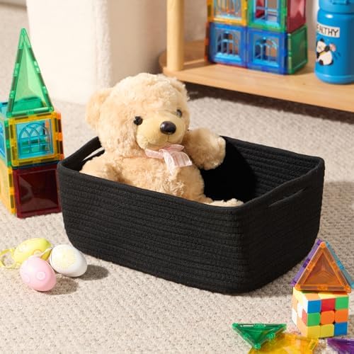 MiniArk Small Storage Baskets for Organizing | Closet Organizer Bins | Shelf Toy Basket | Woven Rope Baskets | Cube Decorative Box | Shallow Basket | 13x8.5x5.1” | 4 Packs Black