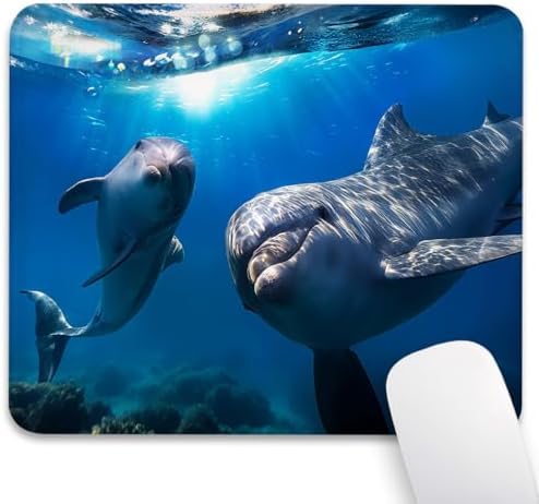Dolphins Mouse Pad, Happy Underwater Encounter Navy Blue Ocean Desk Mat