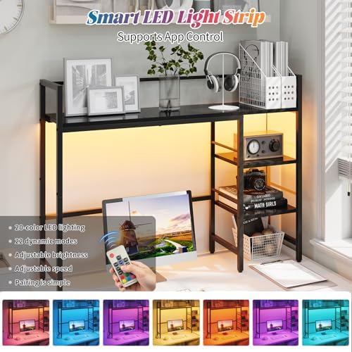 HavenlyYouth Desk Shelf with LED Light Strip, 3-Tier Storage Desktop Organizer Shelf, 38.6" Wood Desktop Bookshelf for Computer Monitor, Desk Hutch for Home Office Dorm, Black