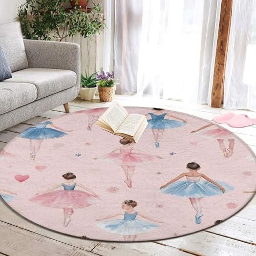 Soft Round Yoga Carpet, Large Home Decor Mat, Non Slip Machine Washable Kitchen Office Circle Rug Ballerina Girls Pink