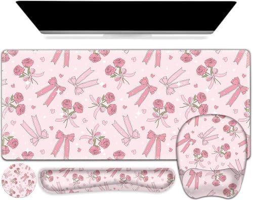 Pink Mouse Pad with Wrist Support 4 in1 Set, XXL Big Game Mousepad + Keyboard Wrist Rest + Mouse Wrist Rest Pad +Coaster Gaming Mat for Home Office Work Computer Laptop PC I Sweet Rose & Heart Bow