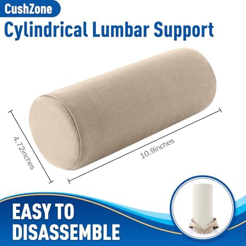 CushZone Lumbar Roll Support Pillow, Memory Foam Back Cushion, Khaki