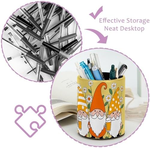 Gnomes Daisy Pen Holder Pencil Organizer Cute Pencil Cup Desk Decor Makeup Brush Holder PU Multifunctional Office Supplies for Home Classroom School