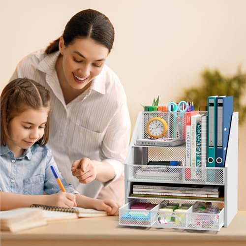 Homsorout Wooden Desk Organizer - Mesh File Organizer with Drawers and Pen Holder - 4-Tier Vertical Paper Letter Storage Tray, Desktop Organizers and Accessories for Home Office （White