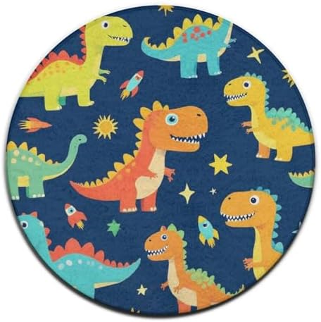 Soft Round Yoga Carpet, Large Home Decor Mat, Non Slip Machine Washable Kitchen Office Circle Rug Dinosaurs