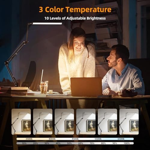 NOEVSBIG LED Desk Lamp with Clamp,2-in-1 Clamp on Desk Lamps with Base,50.7" Adjustable Swing Arm Architect Desk Lamp,Memory Function Desk Lights for Home Office,Workbench,Reading,Craft,Drafting