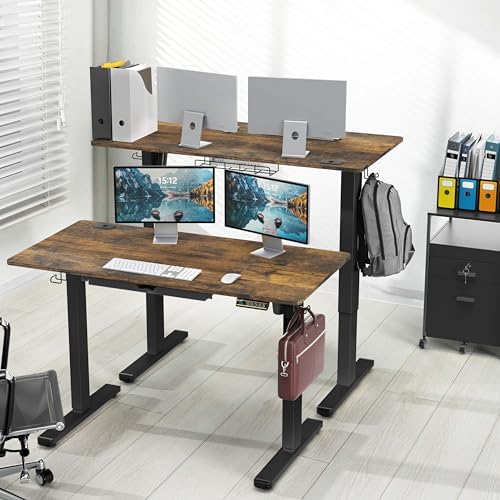 SHW 48-Inch Electric Height Adjustable Standing Desk w/Drawer, Rustic Brown