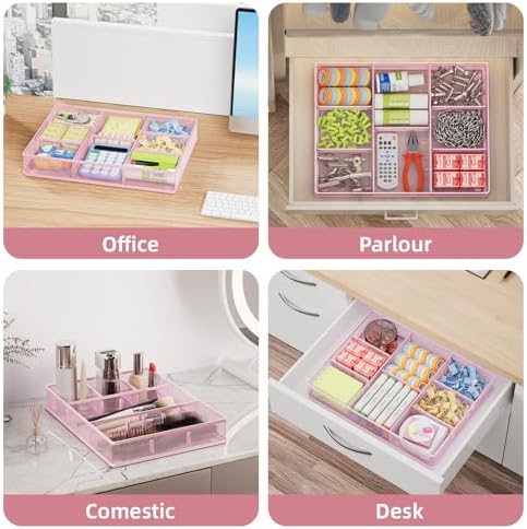 Marbrasse Desk Drawer Organizer, Metal Mesh Drawer Organizer Tray with 5 Adjustable Compartments,Desk Organizers and Accessories for Home,Office,Kitchen,Makeup,Vanity (Pink,2Pack)