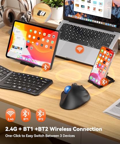 Ergonomic Wireless Trackball Mouse, 3 Device Connection, 5 Level DPI