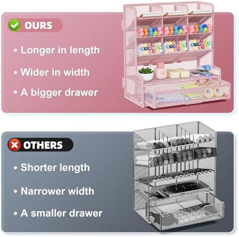 Marbrasse Larger Mesh Desk Organizer with Drawer, Multi-Functional Pen Pencil Holder, Easy Assembly, Desk Organizers and Accessories for Office Art Supplies (Pink)