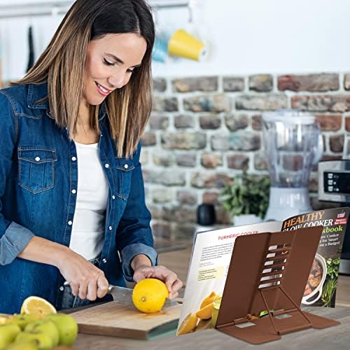 Honagu Book Stand Metal Desk Book Holder, Book Holders for Reading Hands Free, Adjustable Cookbook Documents Holder, Portable Bookstand for Music Books, Textbook, Recipe, Tablet, Ipad (Brown)