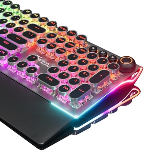 RK ROYAL KLUDGE X108 Typewriter Keyboard with Knob, Wired Mechanical Gaming Keyboard, 108 Keys RGB Backlit Sidelight, Detachable Wrist Rest, Retro Round Keycaps Blue Switches - Shadow Black