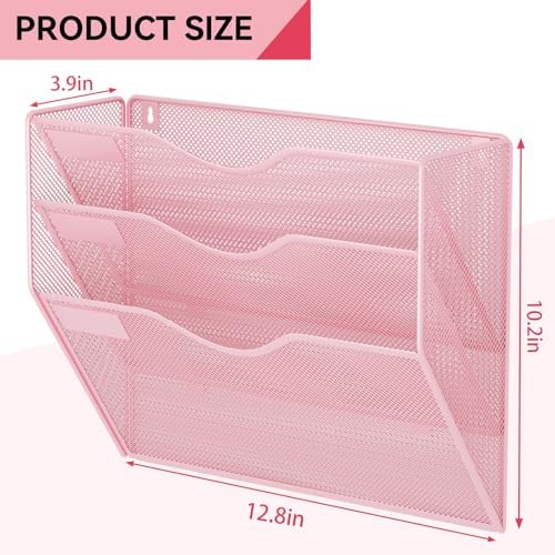 3 Pockets Hanging Wall File Organizer Mail Holder, Wall Mounted Paper Document Folder Holder, Clipboard Storage Organization Magazine Rack, Pink