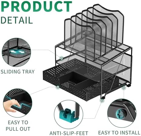 Simple Trending Mesh Desk Organizer with Sliding Drawer, Double Tray with 5 Sections File Bookshelf, Black
