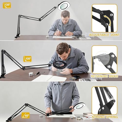 15X Magnifying Glass with Light, Stand & Clamp, Ultra Long 3-Section Swing Arm LED Magnifying Lamp, Dimmable with 5 Color Modes, Hands Free Desk Lamp for Workbench, Repair, Close-Up Work