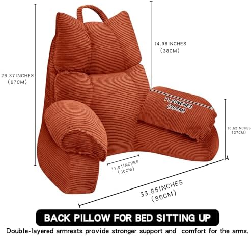 Reading Pillow for Bed with Arms, Back Support, Memory Foam（Bright Orange）
