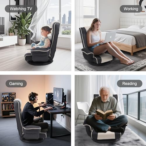 Swivel Floor Chair for Adults, 14-Position Adjustable Floor Gaming Chair with Back Support & Armrests, Foldable Lazy Sofa Lounge, Breathable Mesh for Gaming Reading Meditation (Grey/Beige)