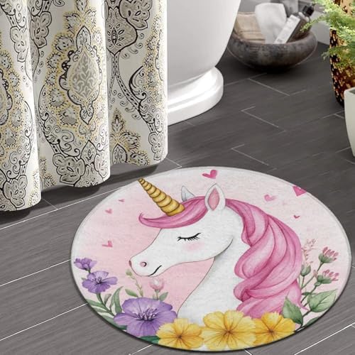 Large Home Decor Mat, Soft Round Yoga Carpet, Non Slip Machine Washable Kitchen Office Circle Rug Cute Pink Unicorns