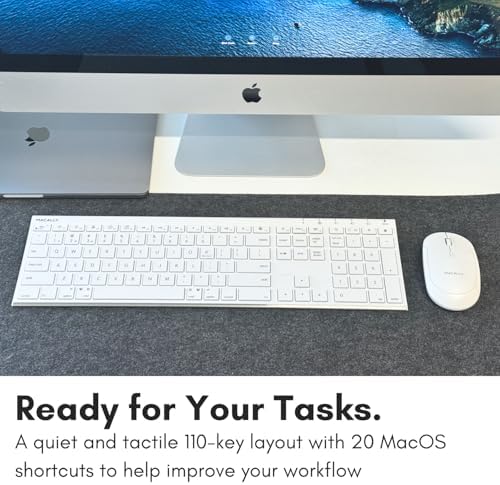 Macally Wireless Bluetooth Keyboard for Mac - Compatible Apple Keyboard or MacBook Pro/Air, iMac - Multi-Device, Up to 3 Devices with 110 Keys, 20 Shortcuts, Numeric Keypad, and Rechargeable - White