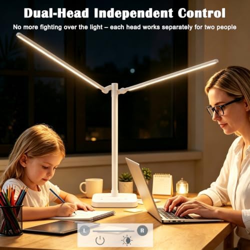 Desk Lamp for Office Home Dual Head 24W Swing Arm Reading Table Lamp White