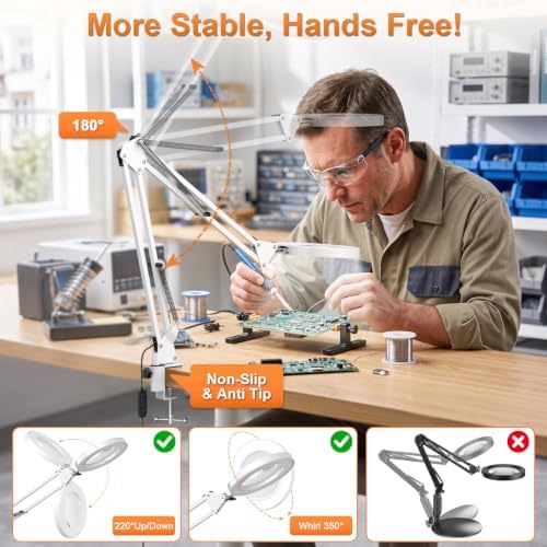 10X Magnifying Glass Lamp w/Clamp, 360° Shadow-Free Light for Close Work