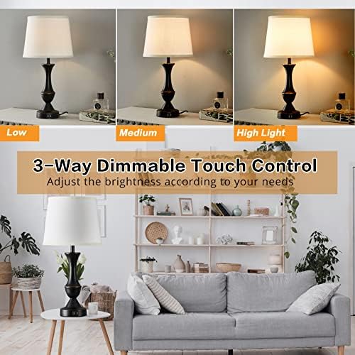 Touch Table Lamps Set of 2, 22" Tall Bedside Lamps with USB C+A Ports