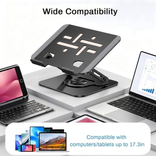 360°Rotating Laptop Stand, Ergonomic Adjustable Foldable Notebook Riser, Metal Computer Holder Compatible with 10-17.3" Laptops, Desktop Printer Stand, for Home & Office (Black)