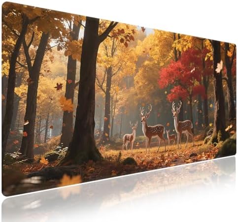 Deer Hunting Season Large Mouse Pad, Autumn Forest Scenery Nature Desk Mat