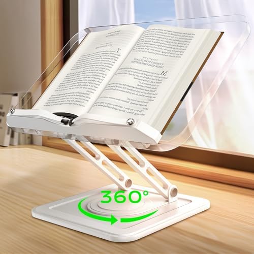 LOXP Ergonomic Book Stand for Reading, 360° Rotating Holder with Page Clip