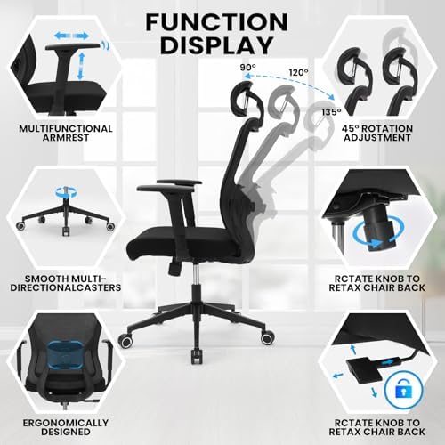 Monhey Black Office Chair, Ergonomic Office Chair, Home Office Desk Chair for Big and Tall People, Computer Chair with Adjustable Headrest, Lumbar Support, Flip-Up Arms, PU Wheels (03black)