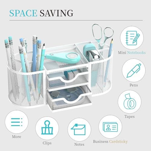 SUPEASY Mesh Desk Organizer, Pen Holder for Desk with 2 Drawers, White