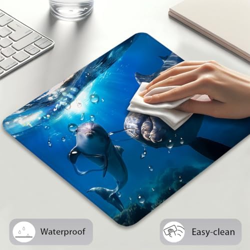 Dolphins Mouse Pad, Happy Underwater Encounter Navy Blue Ocean Desk Mat