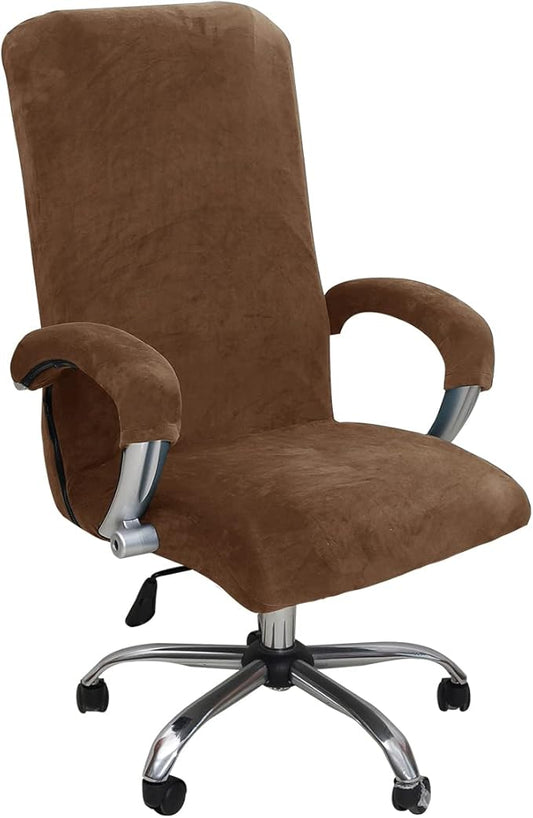Velvet Plush Stretchable Office Desk Chair Cover - Cat Proof Elastic Comfy Protector for Ergonomic Office Chair with Wheels and Armrests, Fits Mesh and Executive Office Chairs, Removable, Brown, XL