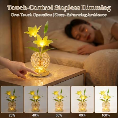 Stargazer Lily Crystal Table Lamp, Rechargeable Touch Flowers Lamp
