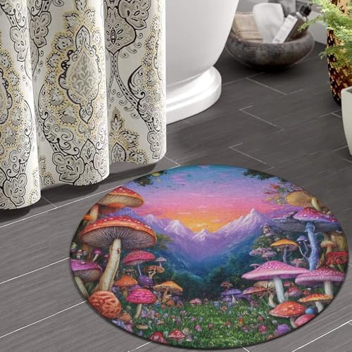 Home Decor Non Slip Kitchen Office Circle Rug, Machine Washable Modern Round Area Rug, Room Sofa Yoga Soft Round Carpet Trippy Mushrooms Art, 36inch