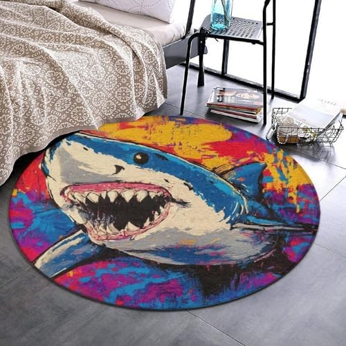 Home Decor Non Slip Kitchen Office Circle Rug, Machine Washable Modern Round Area Rug, Room Sofa Yoga Soft Round Carpet Cute Shark Graffiti Art, 36inch