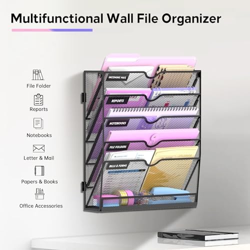 SUPEASY 6-Tier Wall File Organizer with Base, Wall Mounted File Holder